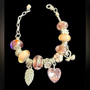 Handmade Silver Charm Bracelet with Pink and Peach Glass Beads